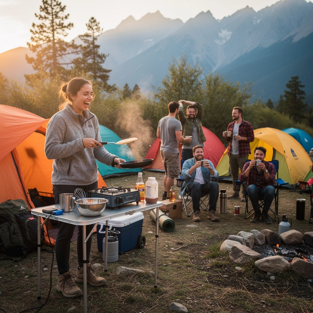 キャンプサイトでのテント設営の様子