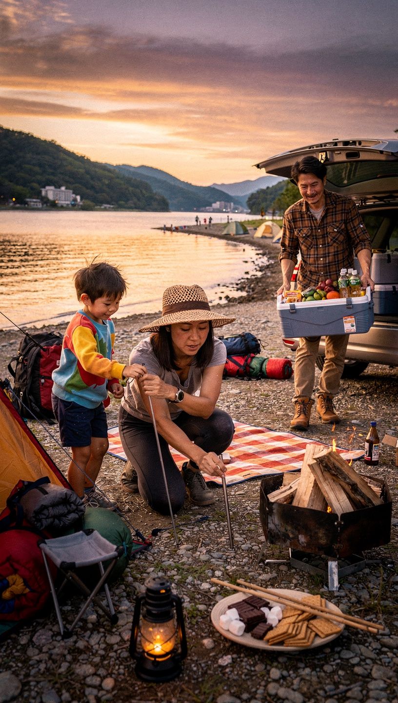 登山用のリュックサックと水筒が並んでいる風景